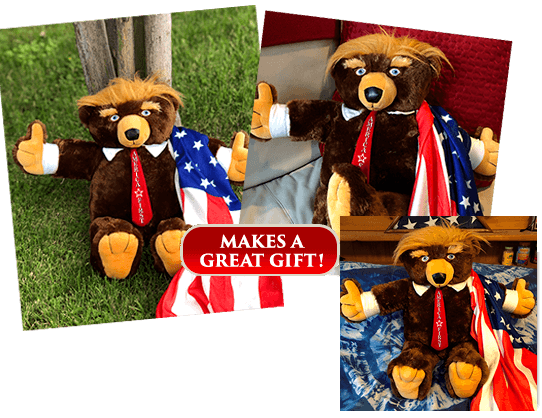 Three pictures of Trumpy Bear, one by tree, on on a couch and one on a bed