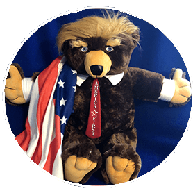 trumpy bear shown with flag themed cape out