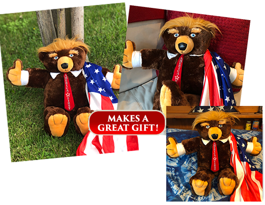 Three pictures of Trumpy Bear, one by tree, on on a couch and one on a bed
