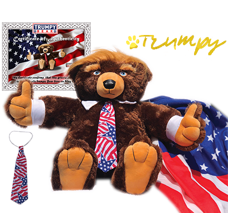 trumpy bear with flag out and certificate of authenticity. also showing optional flag-themed tie