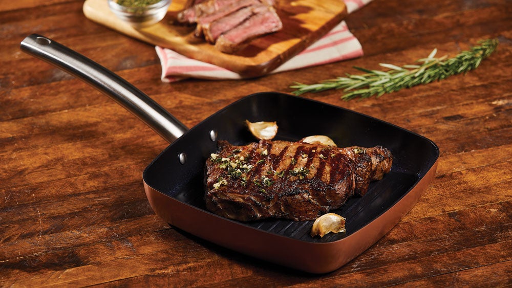 Copper Chef Black Diamond Square Fry Pan with grilled beef