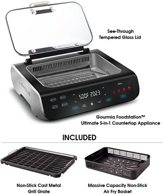 FoodStation™ Indoor Grill & Air Fryer, Gourmia GGA2100 FoodStation™  Smokeless Indoor Grill & Air Fryer with Smoke Extracting Technology, 5  One-Touch Cooking Functions, and Extra-Large Nonstick Cooking Surface