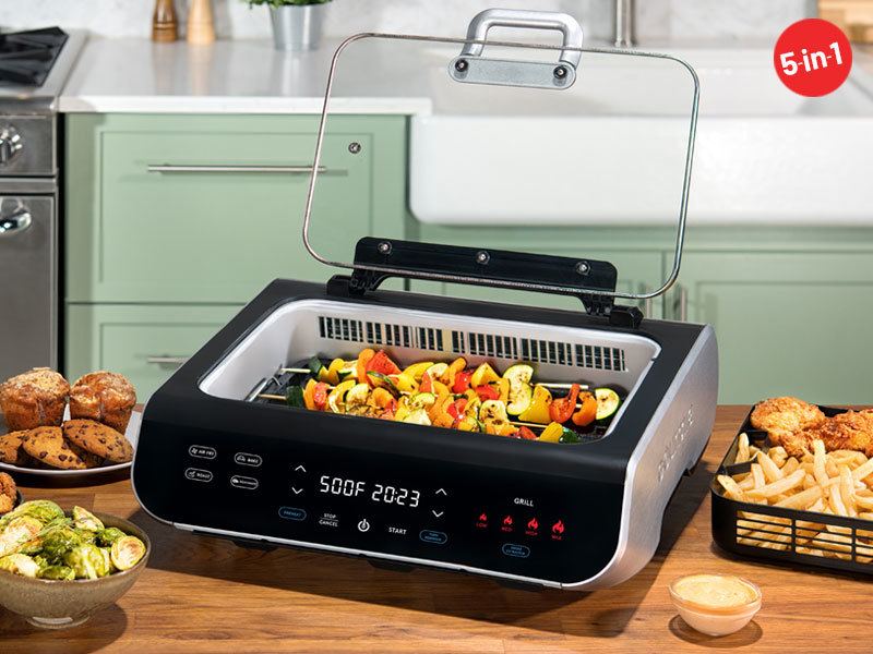 FoodStation™ Indoor Grill & Air Fryer, Gourmia GGA2120 FoodStation™  Smokeless Indoor Grill & Air Fryer with Smoke Extracting Technology, 5  One-Touch Cooking Functions, and Extra-Large Nonstick Cooking Surface