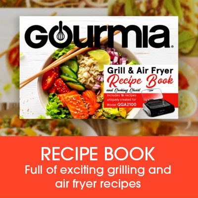 gourmia cookbook with text accompanying the image that reads recipe book full of exciting grilling and air frying recipes