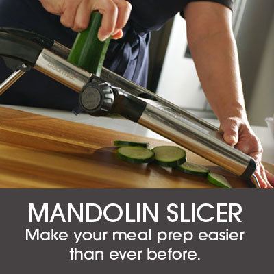 mandolin slicer being used on a wooden cutting board with text accompanying the image that reads mandolin slicer make your meal prep easier than ever before