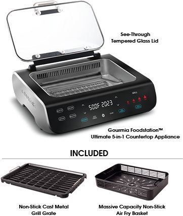 FoodStation™ Indoor Grill & Air Fryer, Gourmia GGA2100 FoodStation™  Smokeless Indoor Grill & Air Fryer with Smoke Extracting Technology, 5  One-Touch Cooking Functions, and Extra-Large Nonstick Cooking Surface