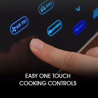 finger pressed on foodstation by gourmia touchscreen with white text overlayed that reads easy one touch cooking controls