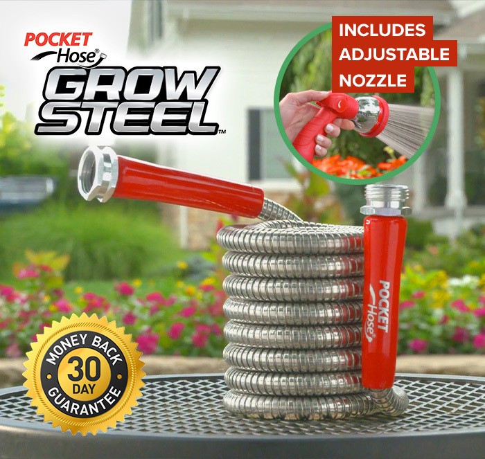 Pocket hose grow steel - 30 day money back guarantee - includes adjustable spray nozzle
