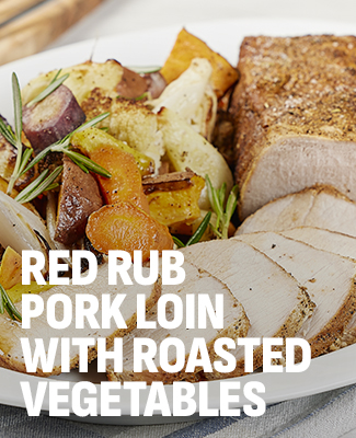 red rub pork loin with roasted vegetables