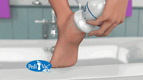 animation of Pedi Vac being used on foot and showing vacuum power