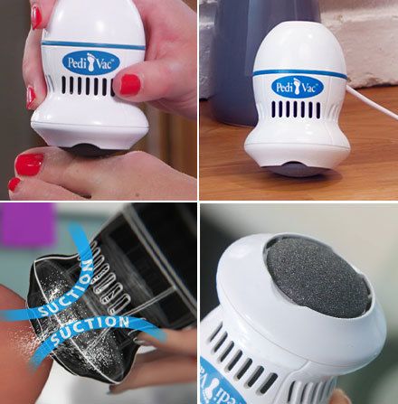 Collage of Pedi Vac being used on foot; Pedi Vac charging; illustration of built-in vacuum suction; close up of nano-abrasion head