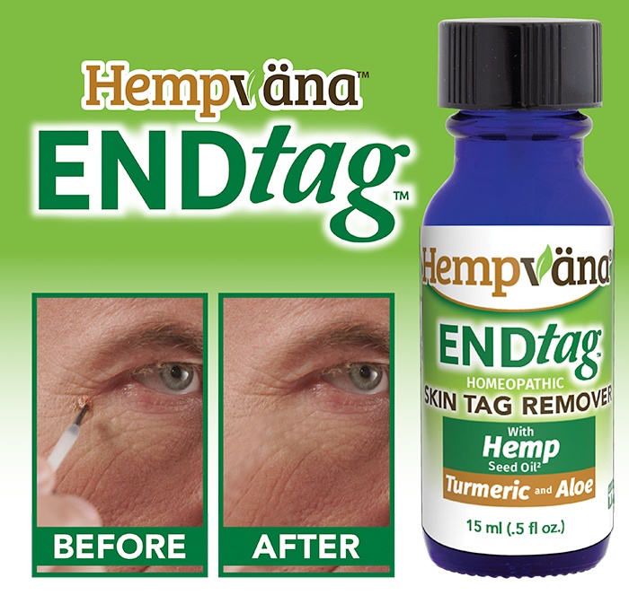 Hempvana End Tag; Hempvana End Tag bottle; before and after of man applying Hempvana End Tag to skin tag on neck