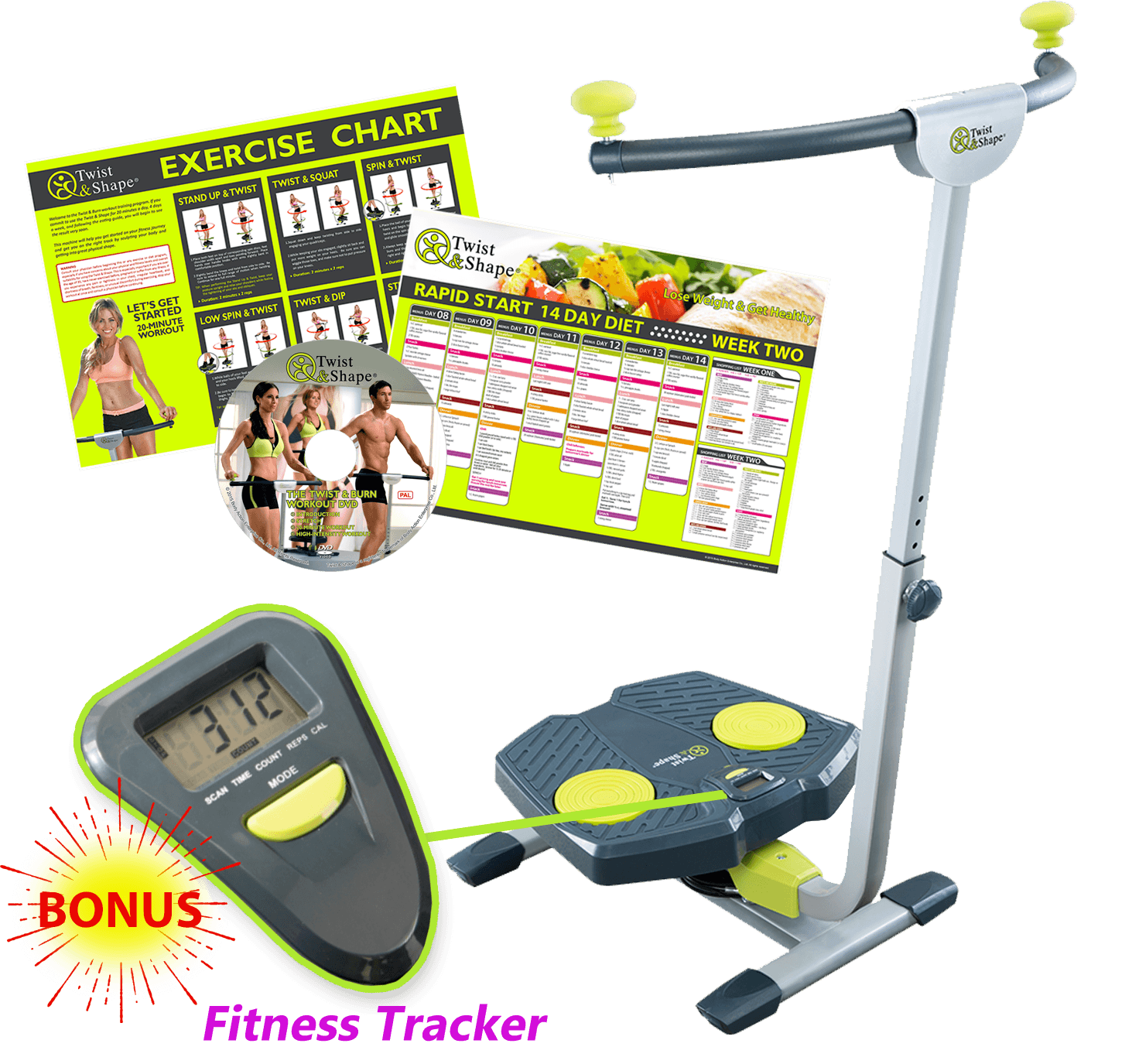Twist and shape comes with a built in fitness monitor, exercise dvd, exercise chart, 14 day meal plan, 30 day money back guarantee, you are responsible for shipping the item back to us upon return.