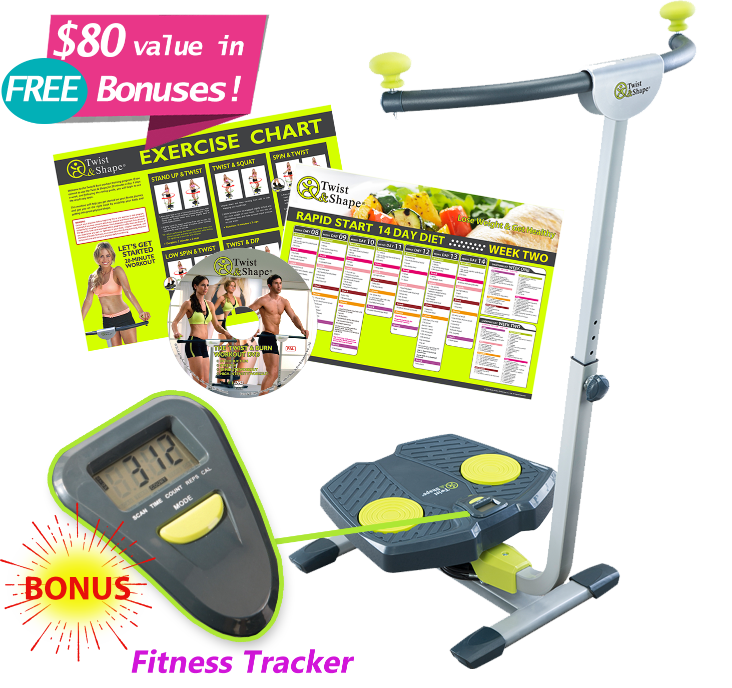 Twist & shape comes with an exercise dvd, fitness tracker, exercise chart and 14 day meal plan.