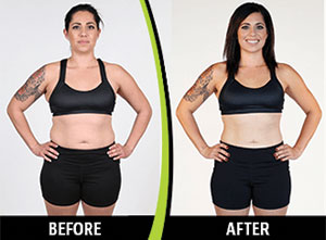 before and after shots of woman using twist & shape for 8 weeks. She looks more slender and toned. 