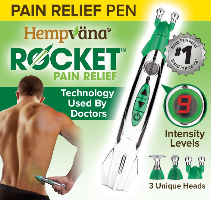 Pain Relief Pen; Hempvana Rocket Pain Relief logo; Hempvana Rocket with 3 unique heads; 9 Intensity Levels; Man using Hempvana Rocket on back; #1 Hemp Pain Relief Brand in America