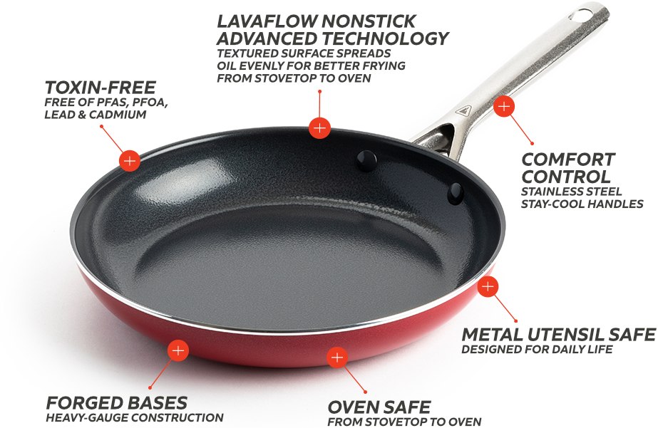 Red Volcano Frying Pan Cookware is Toxin-Free, Oven Safe, Broiler Safe, Dishwasher Safe and Metal Utensil Safe.