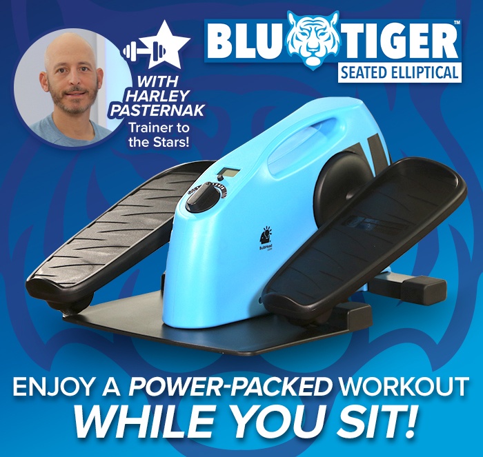 Enjoy a power-packed workout while you sit; Blu Tiger logo in corner; image of Harley Pasternak using Blu Tiger with badge that says Harley Pasternak trainer to the stars!