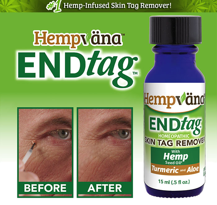 Hempvana End Tag; Hempvana End Tag bottle; before and after of man applying Hempvana End Tag to skin tag on neck