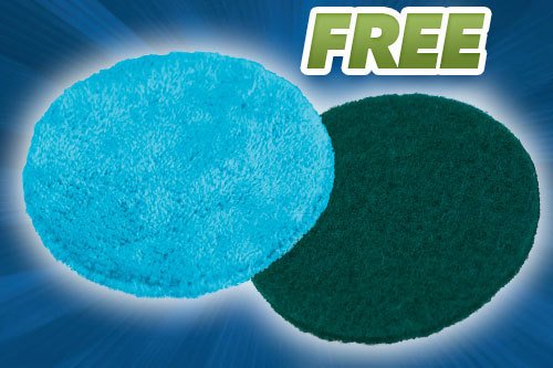 Close up of dark green scrubbing pad and blue polishing pad with a FREE burst in corner