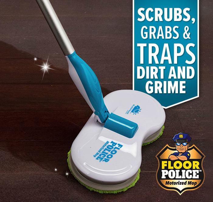 Scrubs, grabs & traps dirt and grime; Floor Police wiping a path clean over dusty, dirty wooden floor
